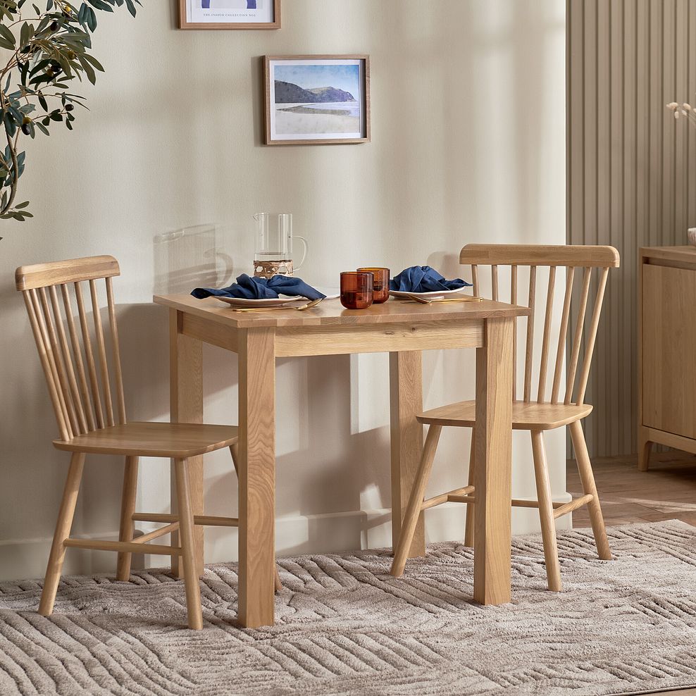 Hudson Natural Oak Square Dining Table + 2 Kingham Natural Oak Spindle Chairs 1