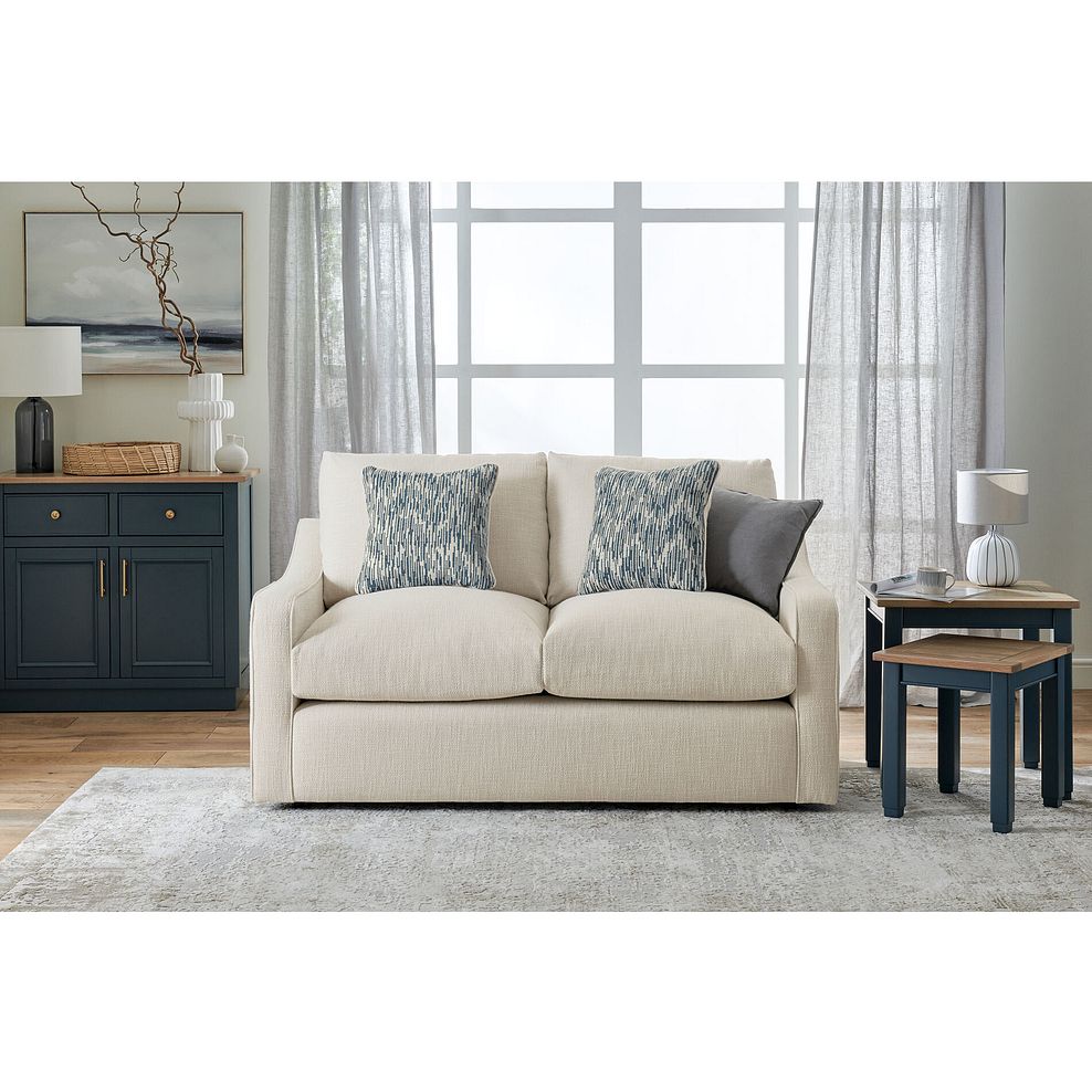 Isabella 2 Seater Sofa in Polly Natural Fabric with Navy Scatter Cushions 2
