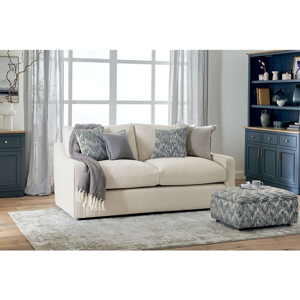 Isabella 3 Seater Sofa in Polly Natural Fabric with Navy Scatter Cushions 1