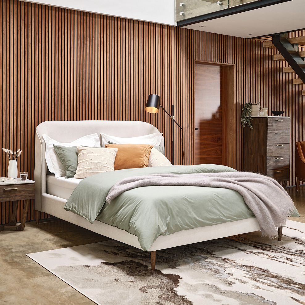 Islington Double Bed with Dark feet in Smooth Stone Fabric 1