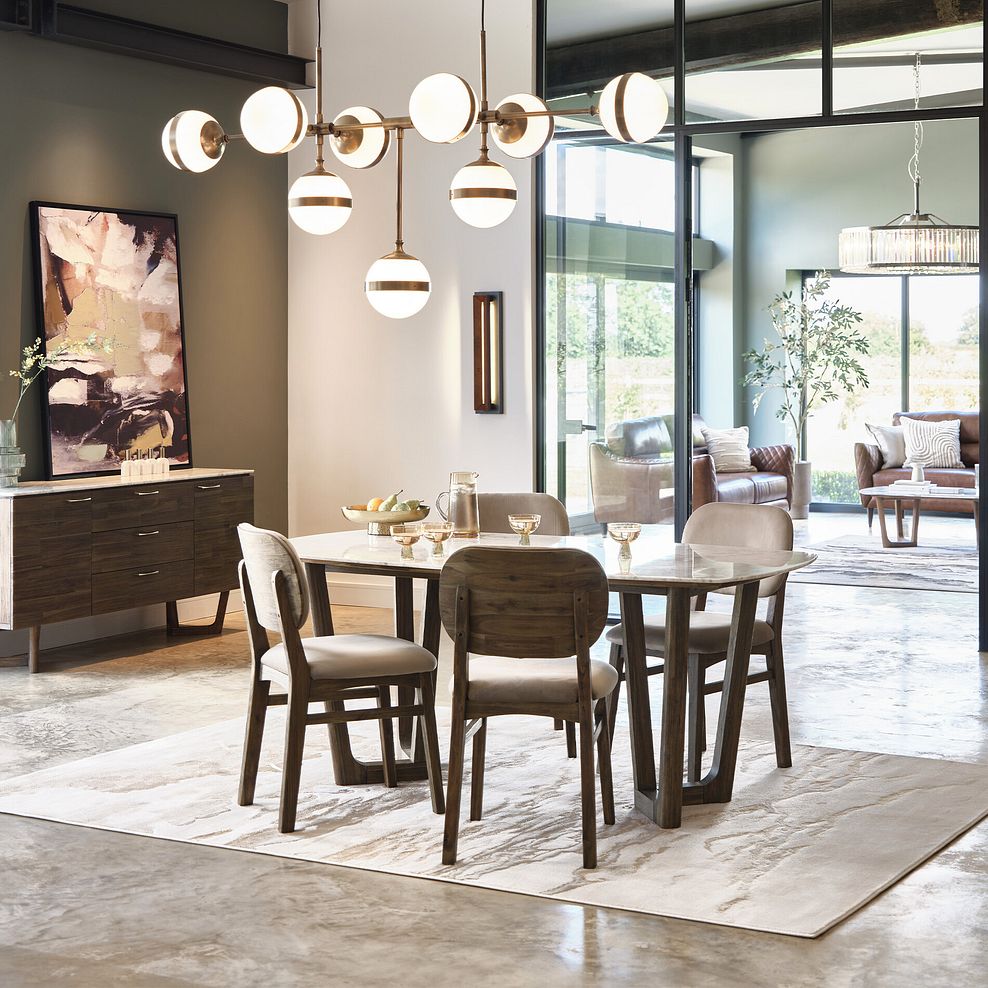 Islington Marble and Dark Acacia Dining Table + 4 Isla Fossil Velvet Dining Chairs 2