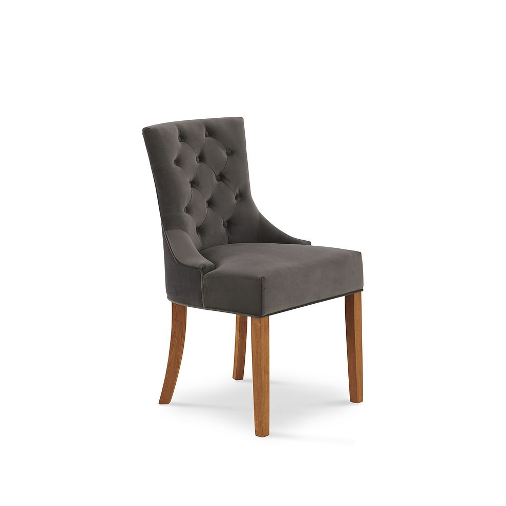 Isobel Button Back Chair in Storm Grey Velvet with Natural Oak Legs 1