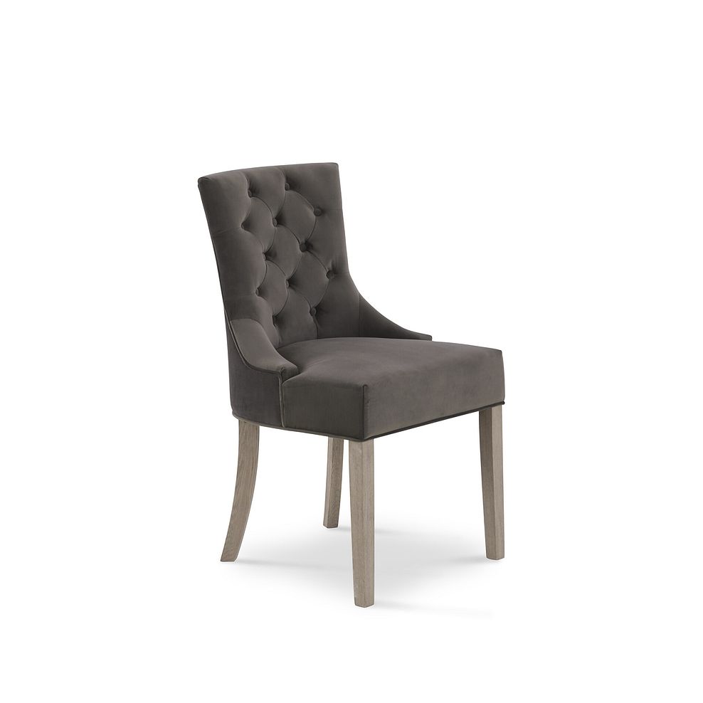Isobel Button Back Chair in Storm Grey Velvet with Weathered Oak Legs 3