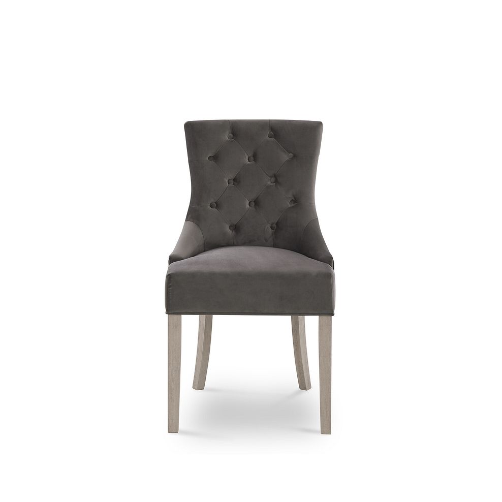 Isobel Button Back Chair in Storm Grey Velvet with Weathered Oak Legs 4