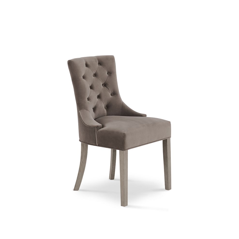 Isobel Button Back Chair in Taupe Velvet with Weathered Oak Legs 1