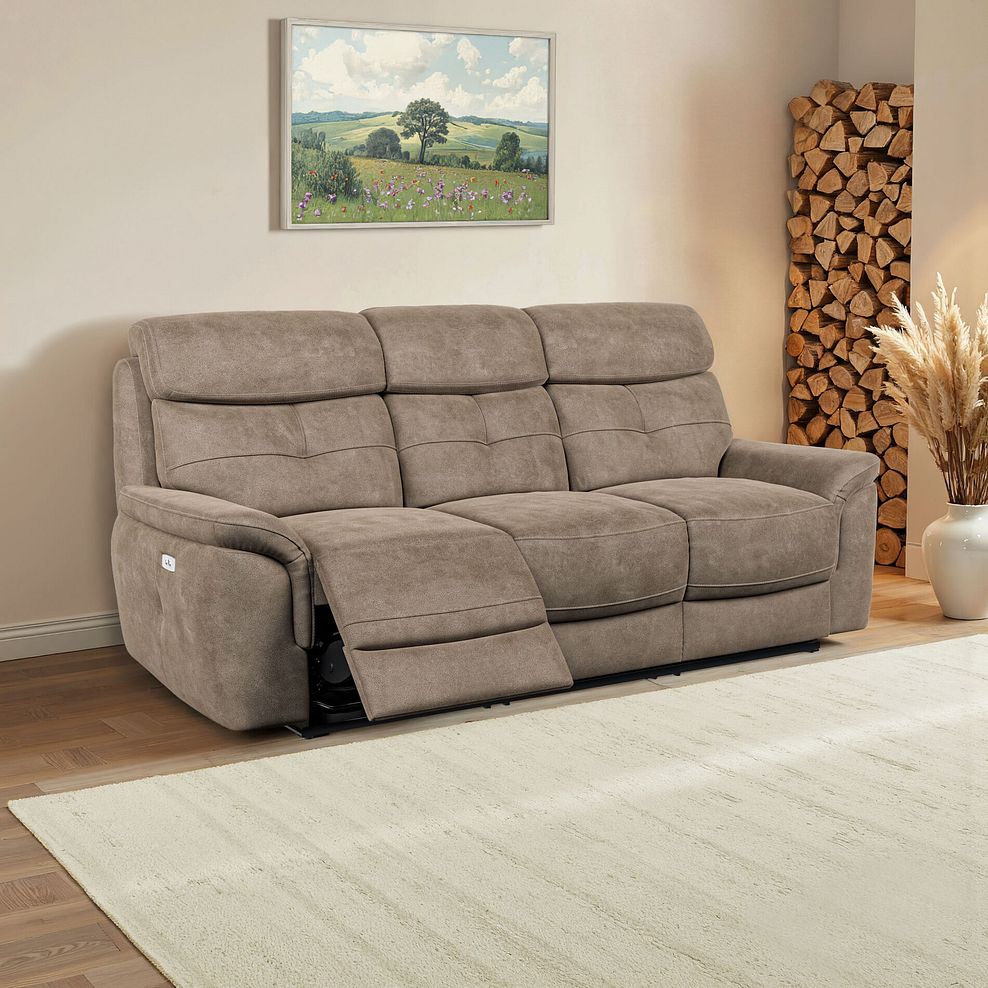 Iver 3 Seater Electric Recliner Sofa in Miller Earth Brown Fabric 1