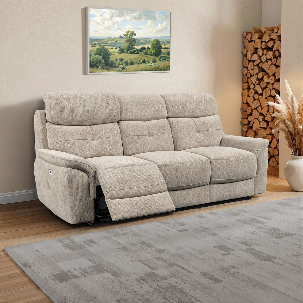 Iver 3 Seater Electric Recliner Sofa with Power Headrests in Jetta Beige Fabric 1