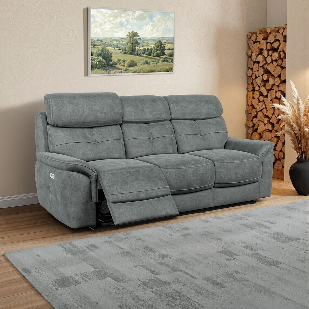 Iver 3 Seater Electric Recliner Sofa with Power Headrests in Miller Grey Fabric 1