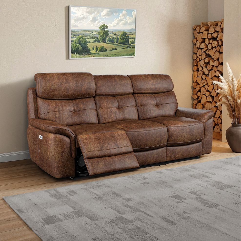Iver 3 Seater Electric Recliner Sofa with Power Headrests in Ranch Dark Brown Fabric 1