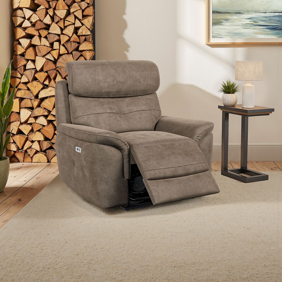 Iver Electric Recliner Armchair with Power Headrest in Miller Earth Brown Fabric 1