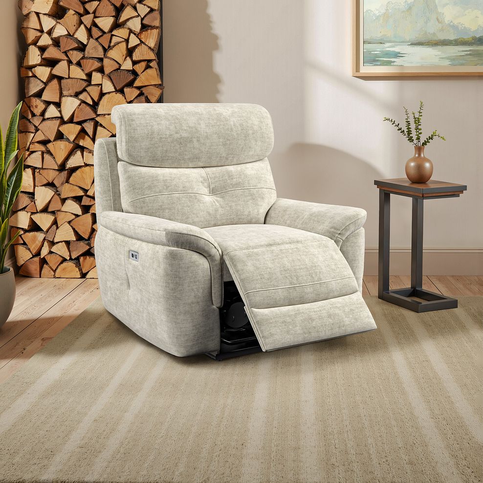 Iver Electric Recliner Armchair with Power Headrest in Plush Beige Fabric 1