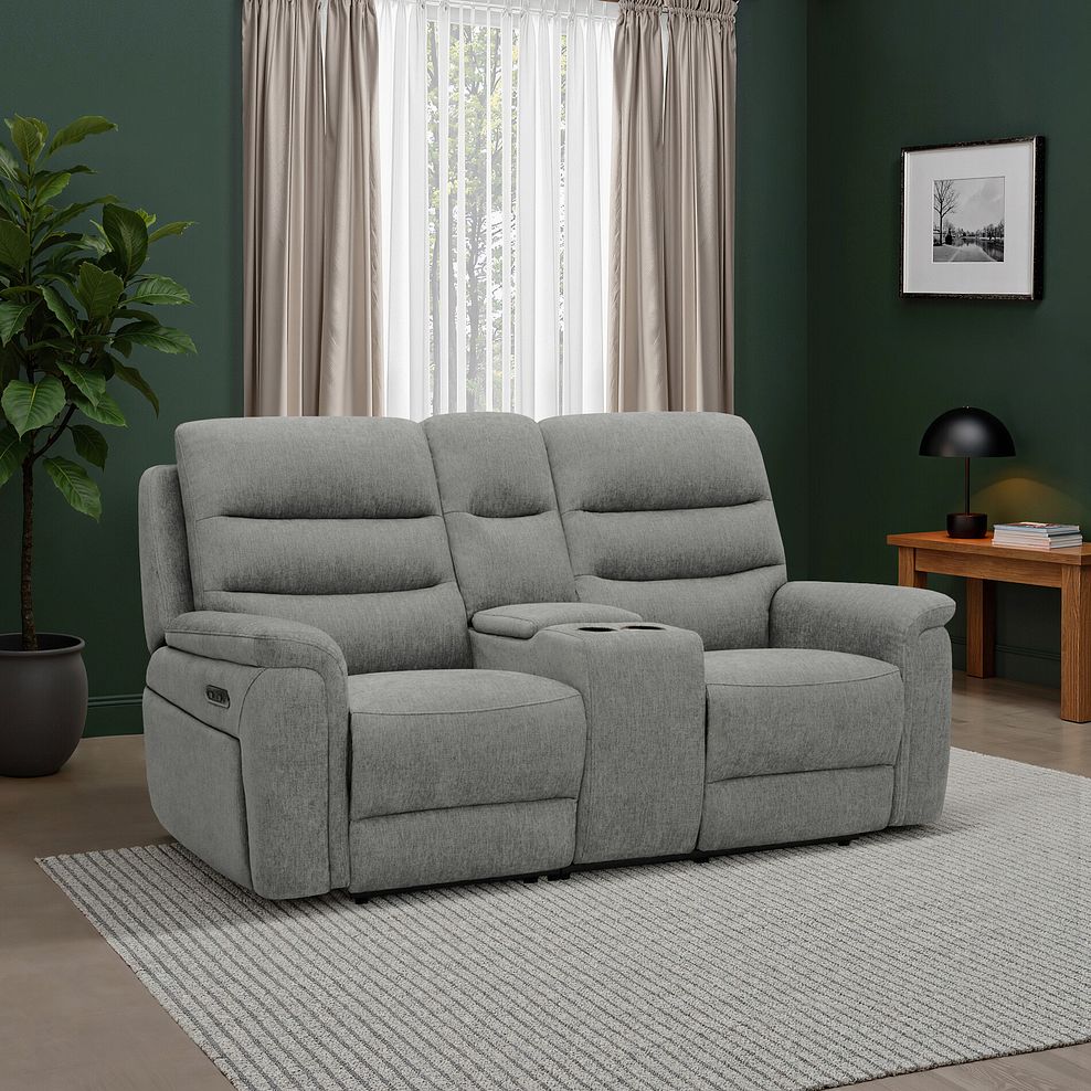 Jarrod 2 Seater Power Recliner with Console in Darwin Mushroom Fabric 1