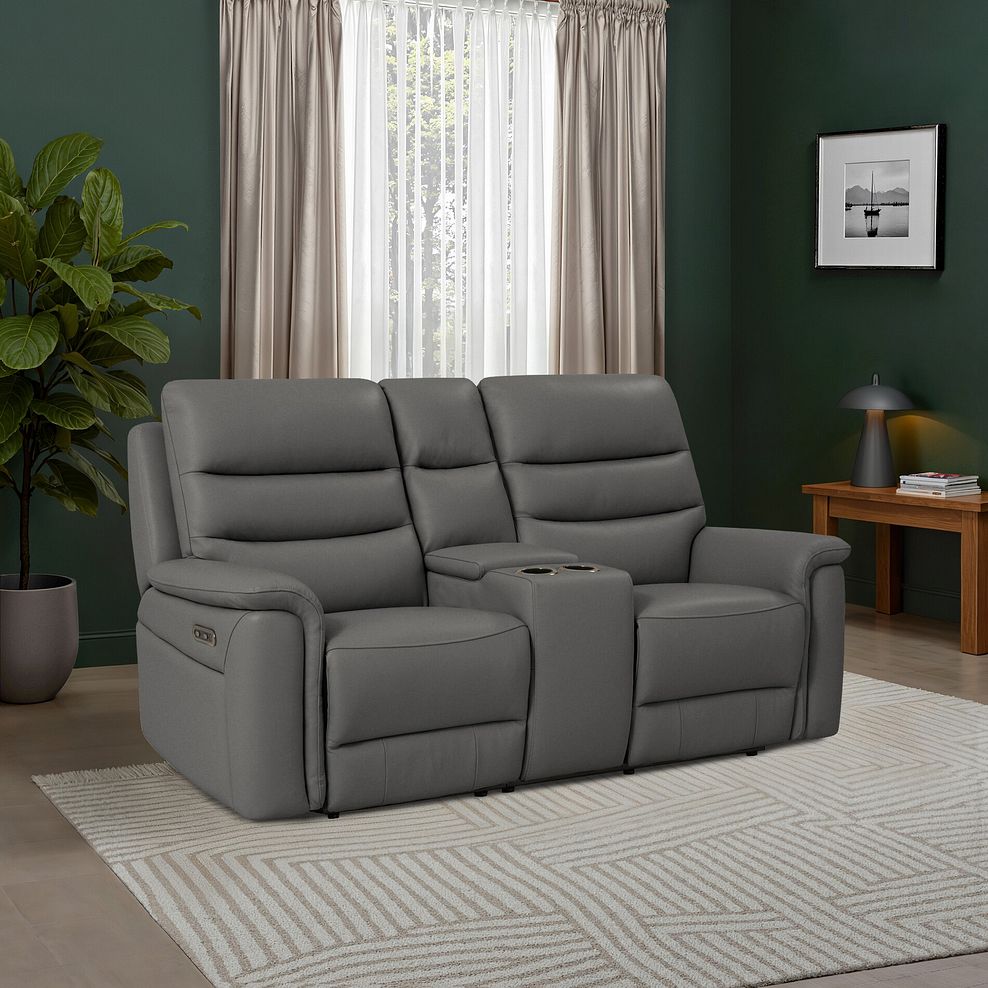 Jarrod 2 Seater Power Recliner with Console in Elephant Grey Leather 1