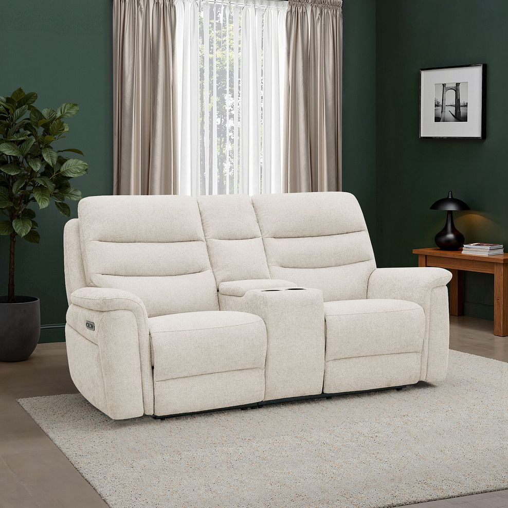 Jarrod 2 Seater Power Recliner with Console in Hopsack Natural Fabric 1