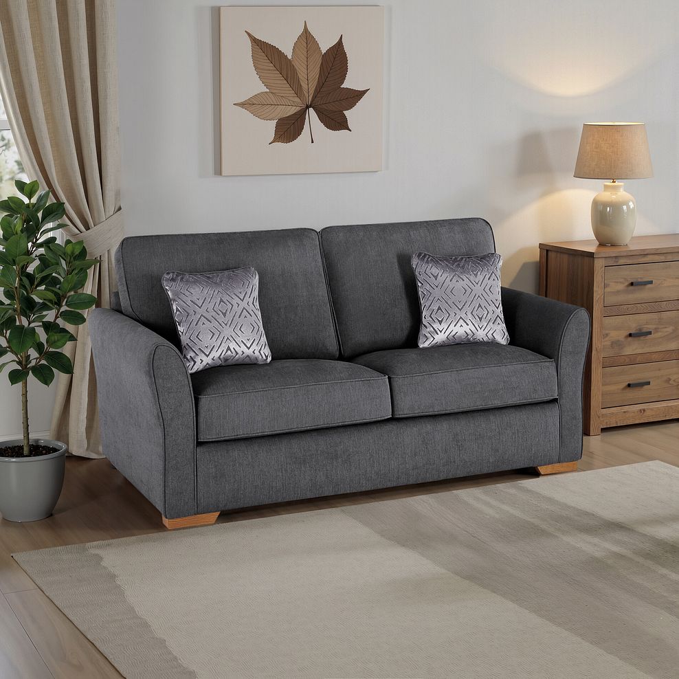 Jasmine 3 Seater Sofa Bed with Deluxe Mattress in Campo Pewter with Khalifa Steel Scatters 1
