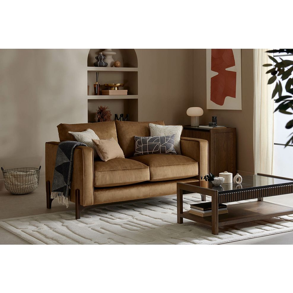 Jude 2 Seater Sofa in Duke Old Gold Fabric with Walnut Finished Feet 1