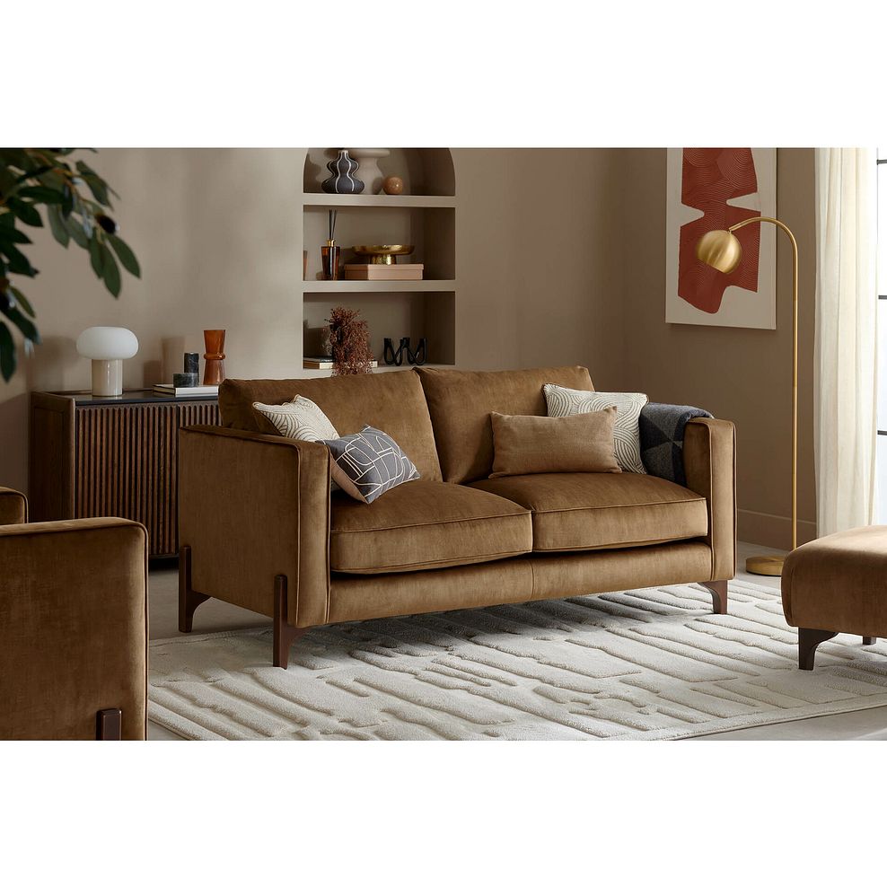 Jude 3 Seater Sofa in Duke Old Gold Fabric with Walnut Finished Feet 1