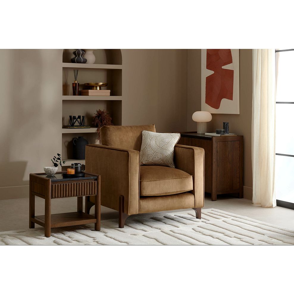 Jude Armchair in Duke Old Gold Fabric with Walnut Finished Feet 1