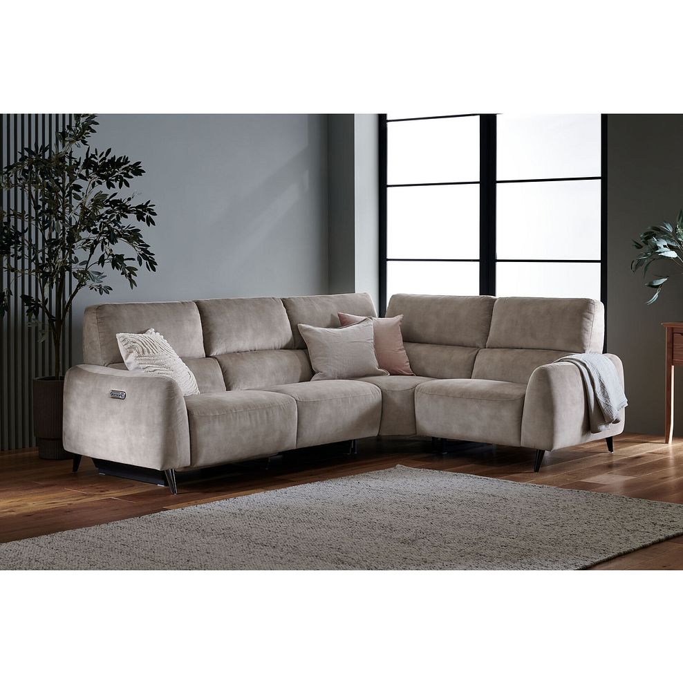 Juliette Left Hand Corner Sofa With One Recliner and Power Headrest in Descent Taupe Fabric 1