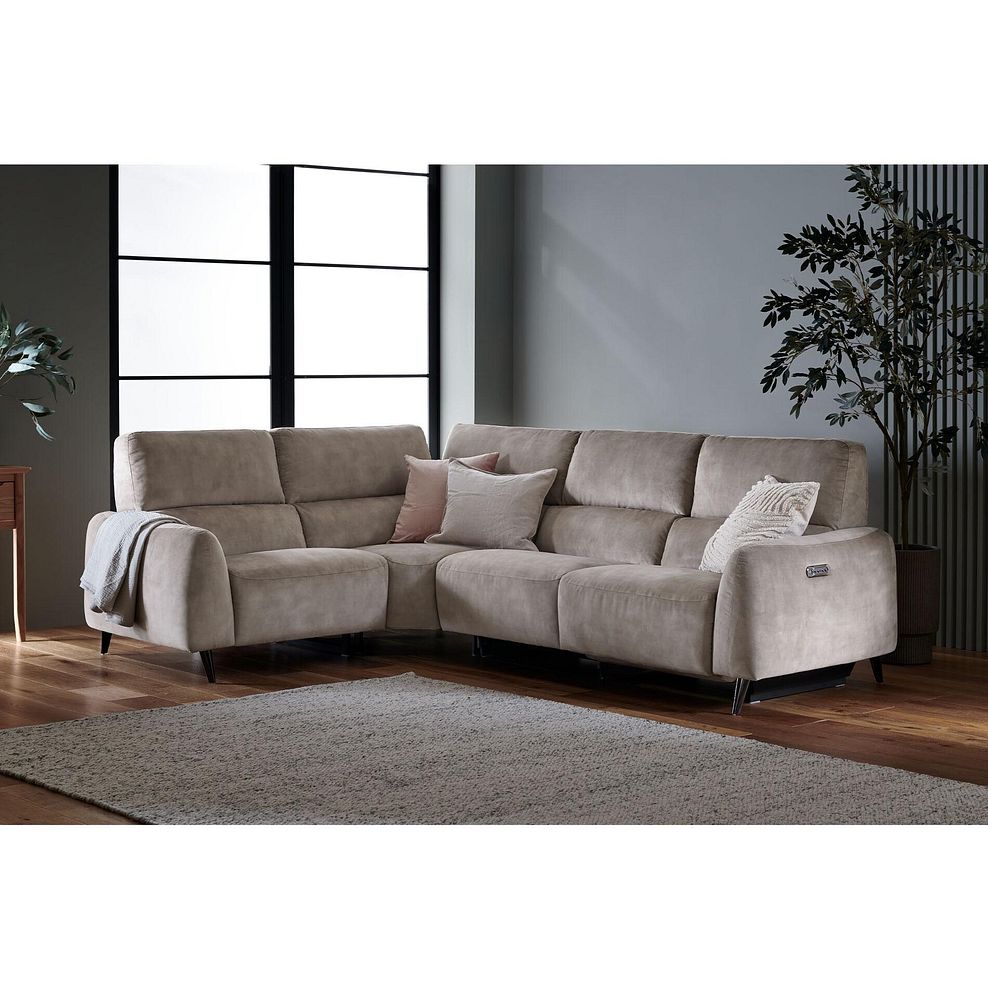 Juliette Right Hand Corner Sofa With One Recliner and Power Headrest in Descent Taupe Fabric 1