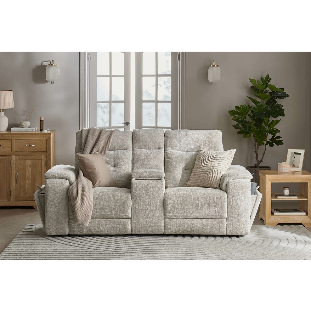 Juno 2 Seater Electric Recliner Sofa With Wireless Charging Console and Power Headrests in Koto Turtle Dove Fabric 1