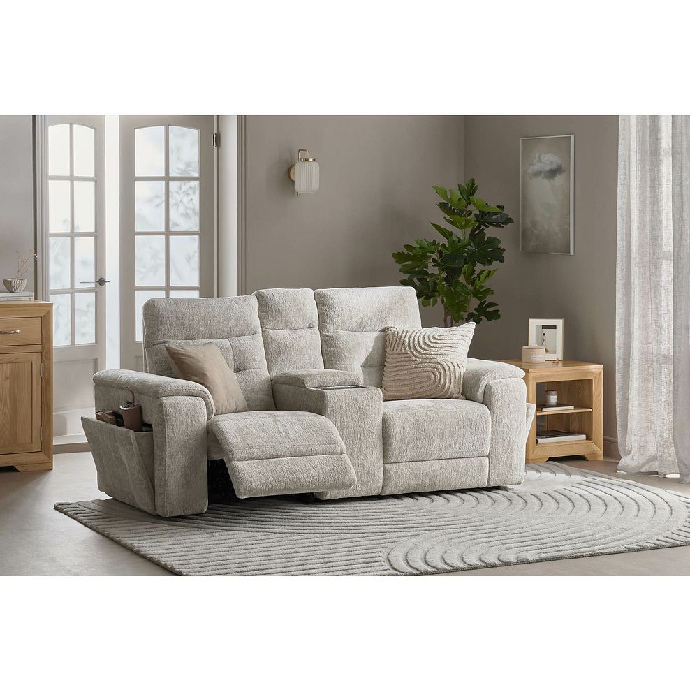 Juno 2 Seater Electric Recliner Sofa With Wireless Charging Console and Power Headrests in Koto Turtle Dove Fabric 2