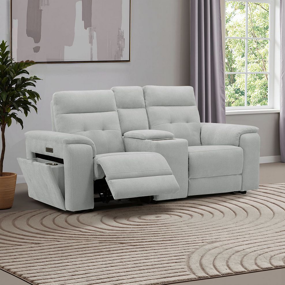 Juno 2 Seater Electric Recliner Sofa With Wireless Charging Console and Power Headrests in Amigo Dove Fabric 1