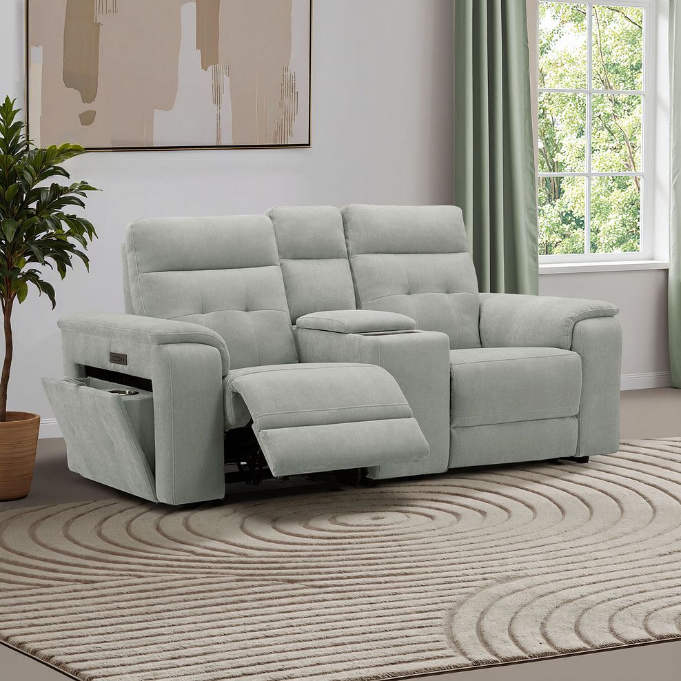 Juno 2 Seater Electric Recliner Sofa With Wireless Charging Console and Power Headrests in Amigo Sage Fabric 1