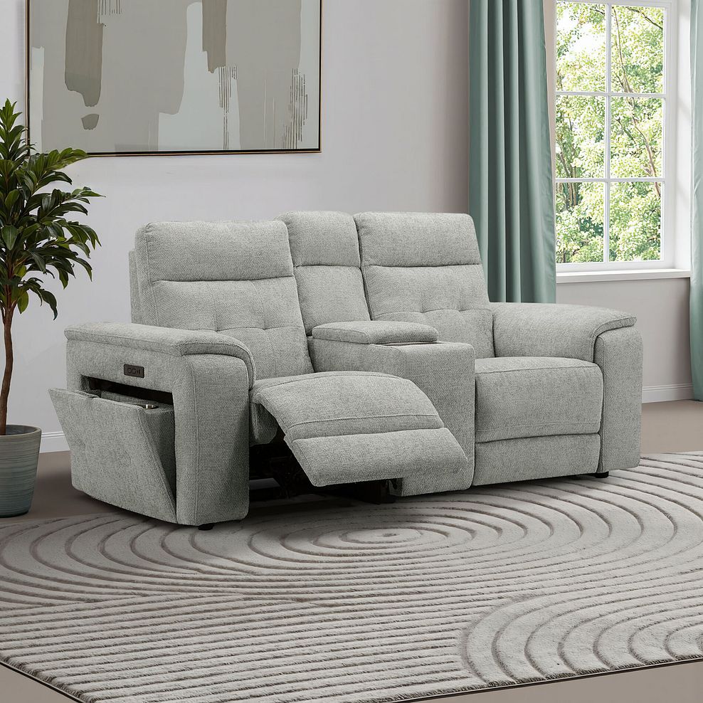 Juno 2 Seater Electric Recliner Sofa With Wireless Charging Console and Power Headrests in Hopsack Dove Fabric 1