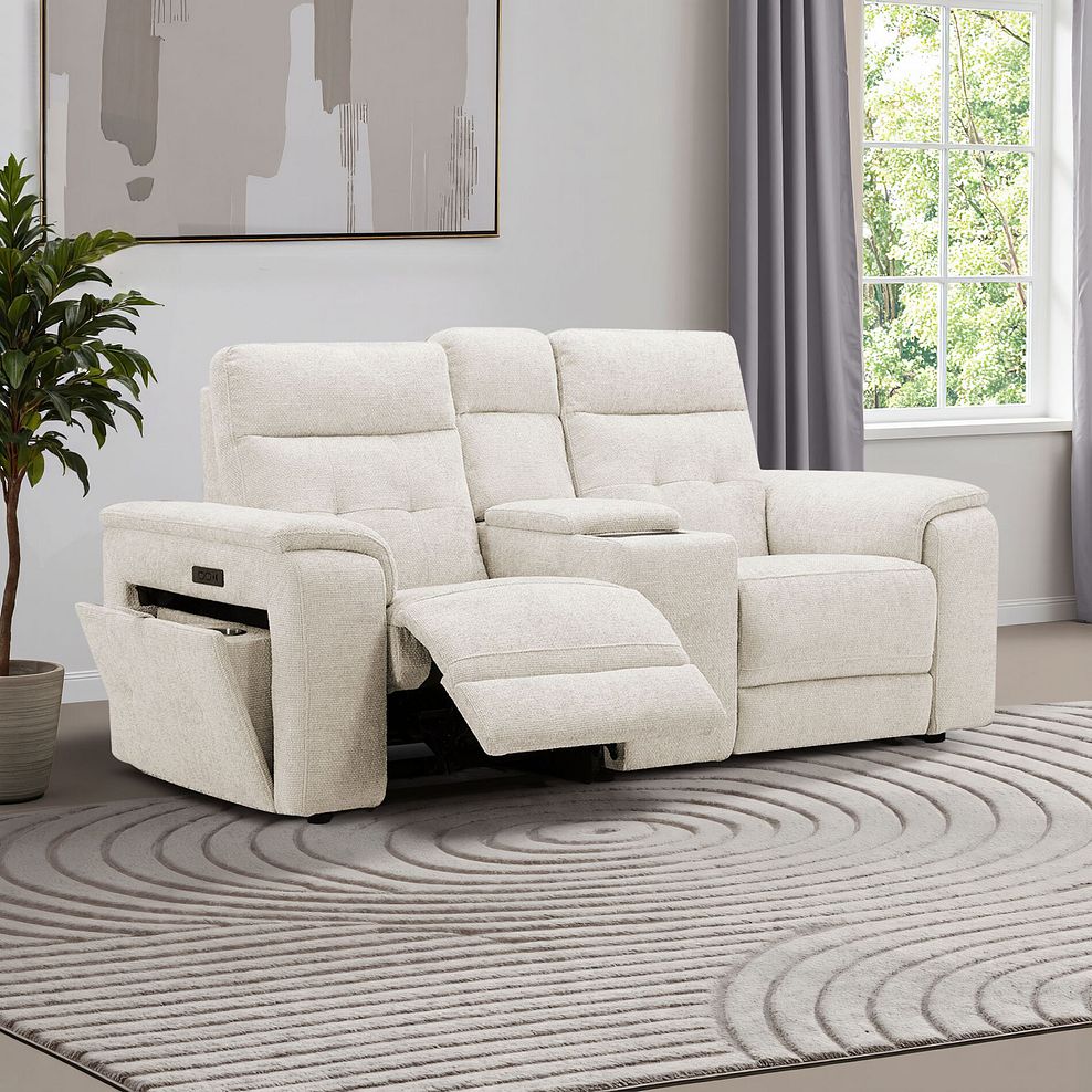 Juno 2 Seater Electric Recliner Sofa With Wireless Charging Console and Power Headrests in Hopsack Natural Fabric 1