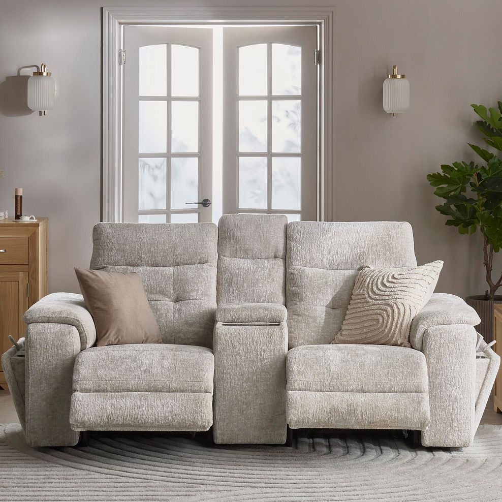 Juno 2 Seater Electric Recliner Sofa With Wireless Charging Console and Power Headrests in Koto Turtle Dove Fabric 2