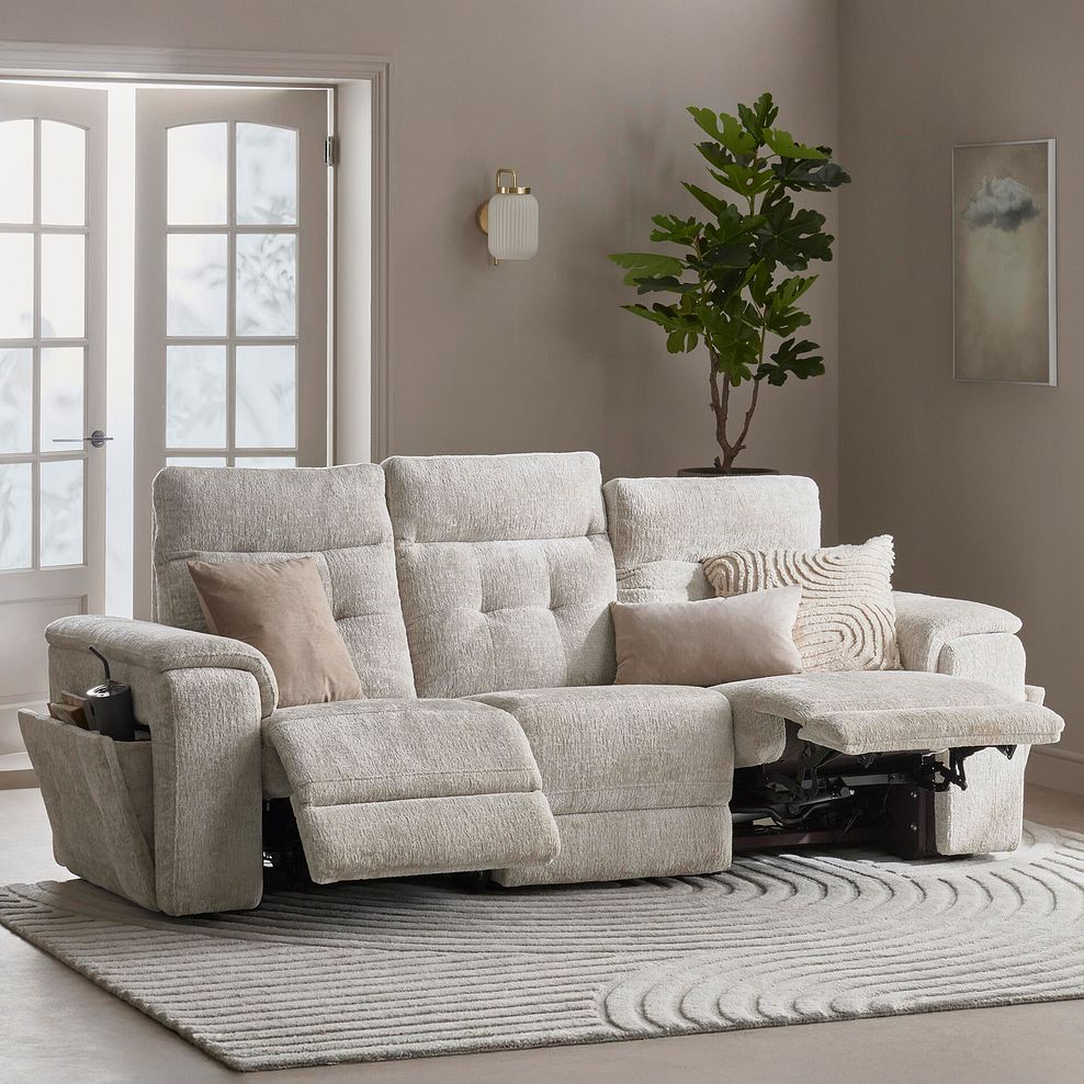 Juno 3 Seater Electric Recliner Sofa With Power Headrests in Koto Turtle Dove Fabric 1