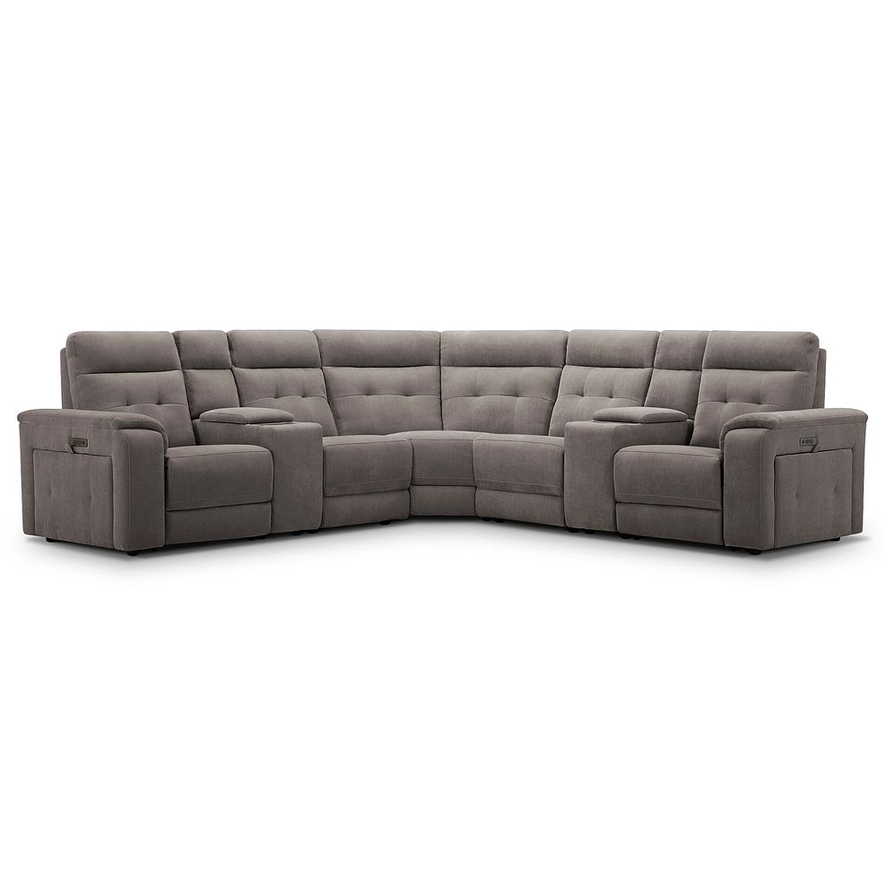 Juno Large Corner Electric Recliner Sofa With Wireless Charging Consoles and Power Headrests in Amigo Cocoa Fabric 1