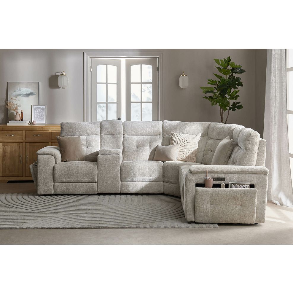 Juno Large Corner Electric Recliner Sofa With Wireless Charging Console and Power Headrests in Koto Turtle Dove Fabric 1