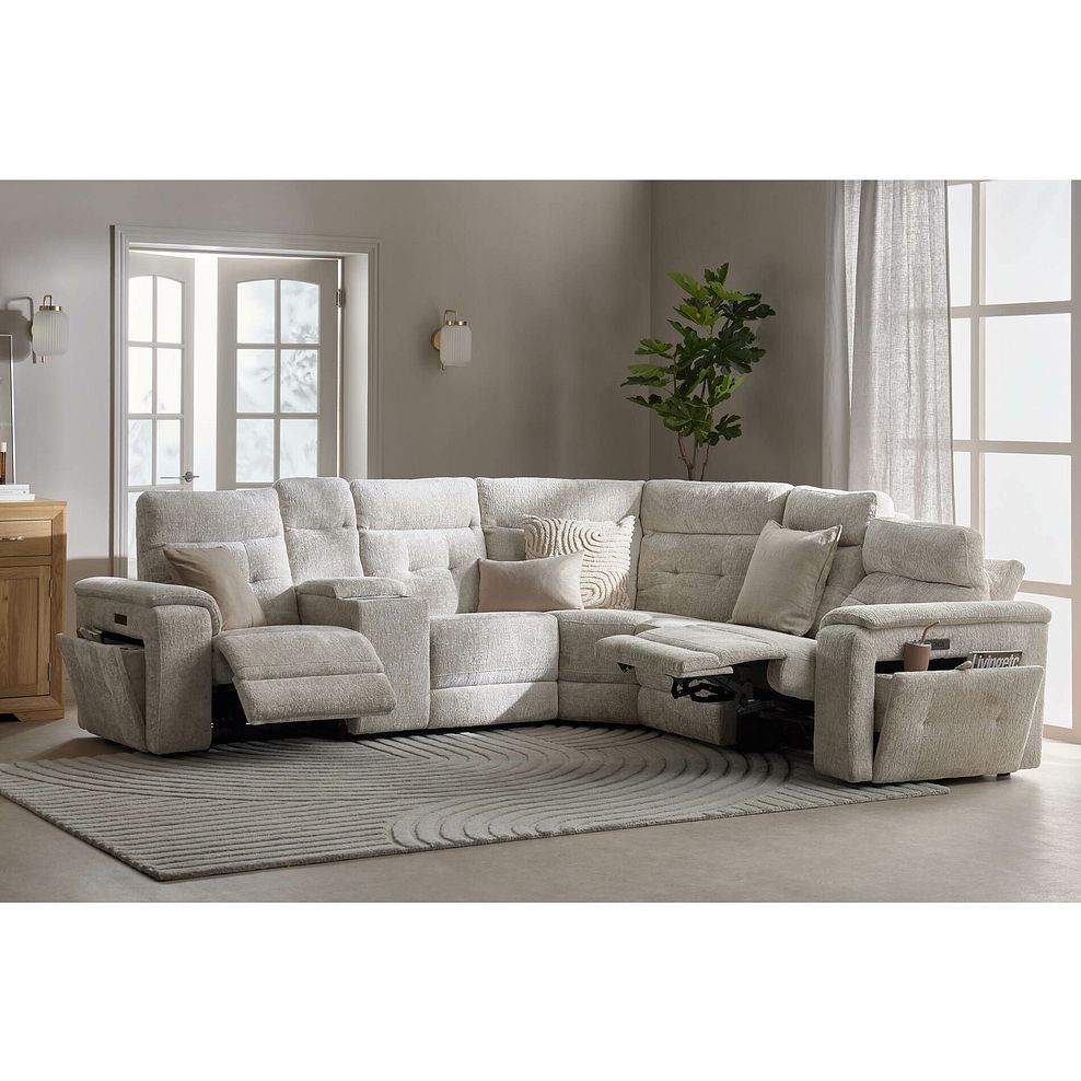 Juno Large Corner Electric Recliner Sofa With Wireless Charging Console and Power Headrests in Koto Turtle Dove Fabric 2