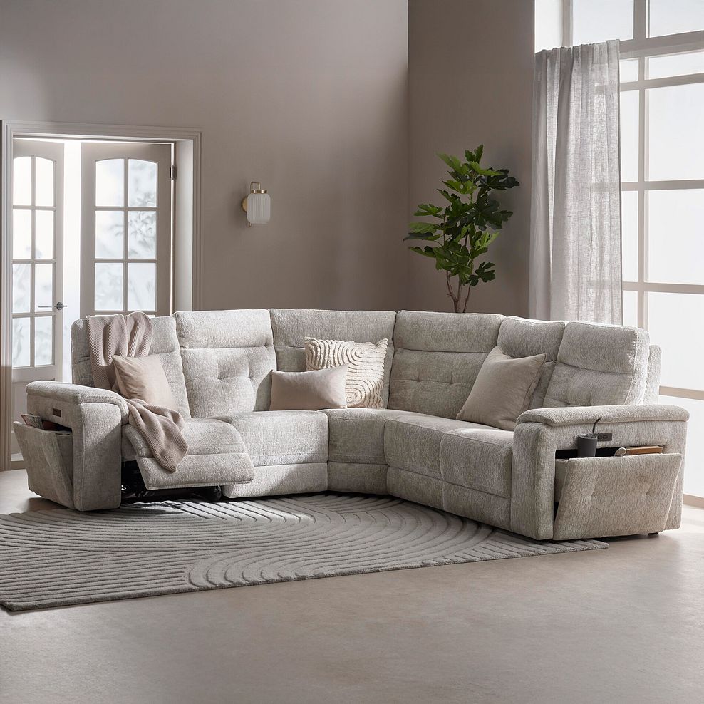 Juno Large Corner Electric Recliner Sofa With Power Headrests in Koto Turtle Dove Fabric 1