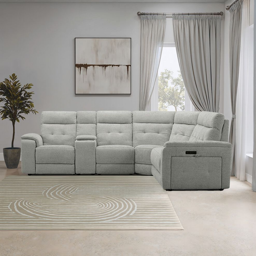 Juno Large Corner Electric Recliner Sofa With Wireless Charging Console and Power Headrests in Hopsack Dove Fabric 1