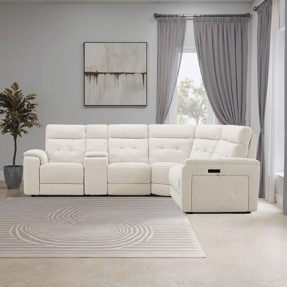 Juno Large Corner Electric Recliner Sofa With Wireless Charging Console and Power Headrests in Hopsack Natural Fabric 1