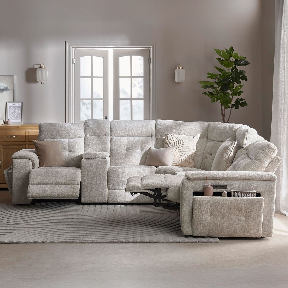 Juno Large Corner Electric Recliner Sofa With Wireless Charging Console and Power Headrests in Koto Turtle Dove Fabric 4