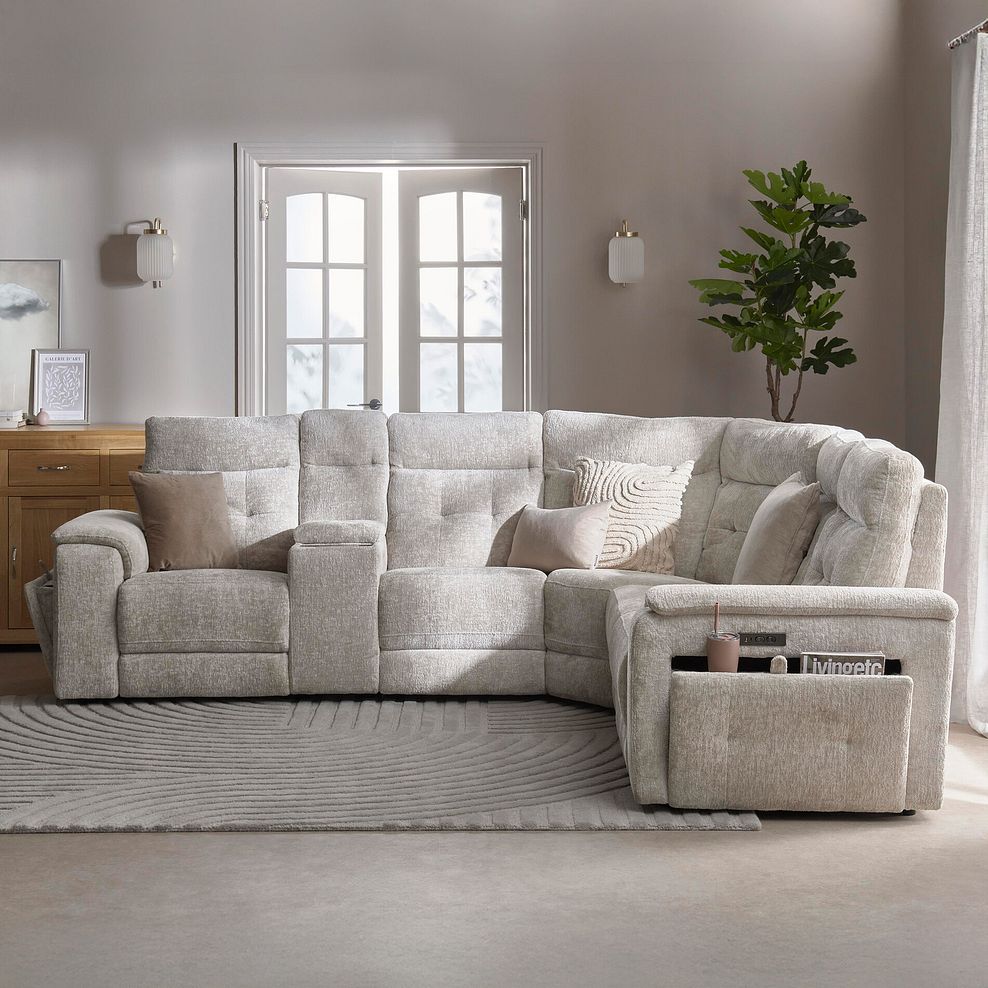 Juno Large Corner Electric Recliner Sofa With Wireless Charging Console and Power Headrests in Koto Turtle Dove Fabric 3