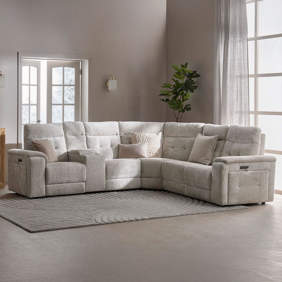 Juno Large Corner Electric Recliner Sofa With Wireless Charging Console and Power Headrests in Koto Turtle Dove Fabric 3