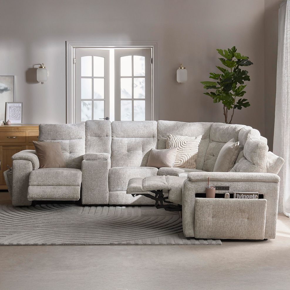 Juno Large Corner Electric Recliner Sofa With Wireless Charging Console and Power Headrests in Koto Turtle Dove Fabric 4