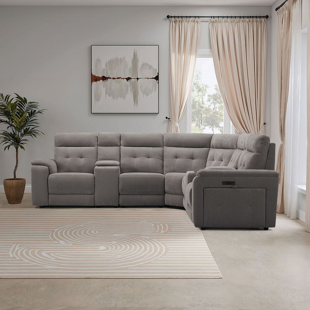 Juno Large Corner Electric Recliner Sofa With Wireless Charging Consoles and Power Headrests in Amigo Cocoa Fabric 1