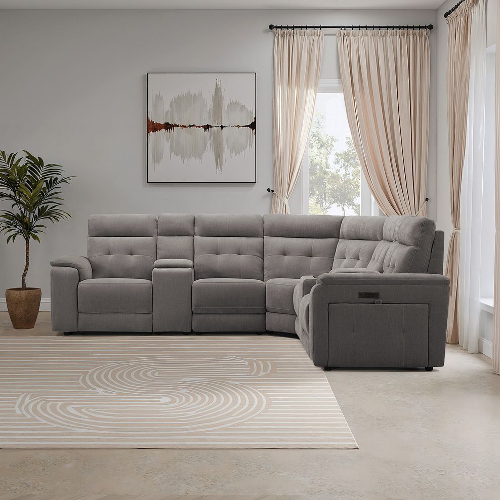 Juno Large Corner Electric Recliner Sofa With Wireless Charging Consoles and Power Headrests in Amigo Cocoa Fabric 1