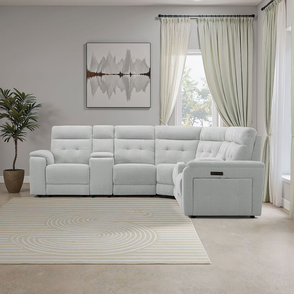 Juno Large Corner Electric Recliner Sofa With Wireless Charging Consoles and Power Headrests in Amigo Dove Fabric 1