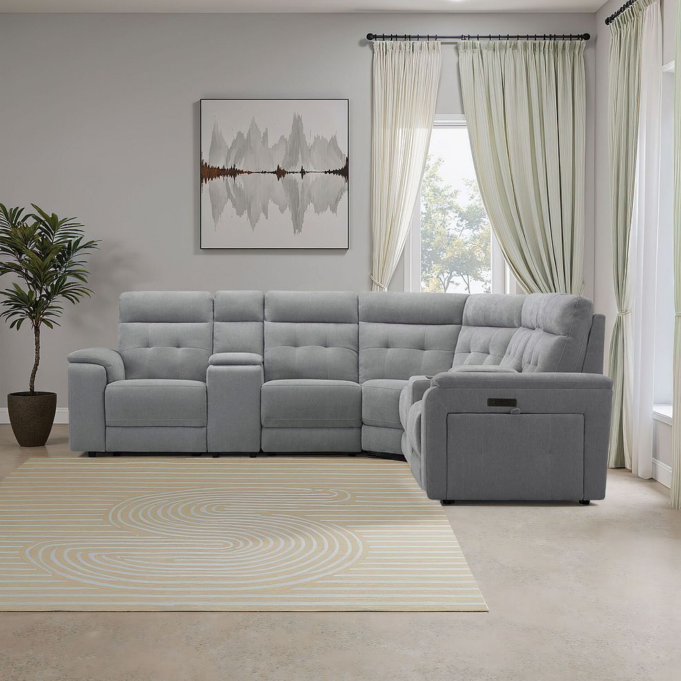 Juno Large Corner Electric Recliner Sofa With Wireless Charging Consoles and Power Headrests in Amigo Granite Fabric 1