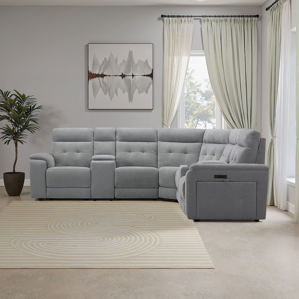 Juno Large Corner Electric Recliner Sofa With Wireless Charging Consoles and Power Headrests in Amigo Granite Fabric 1
