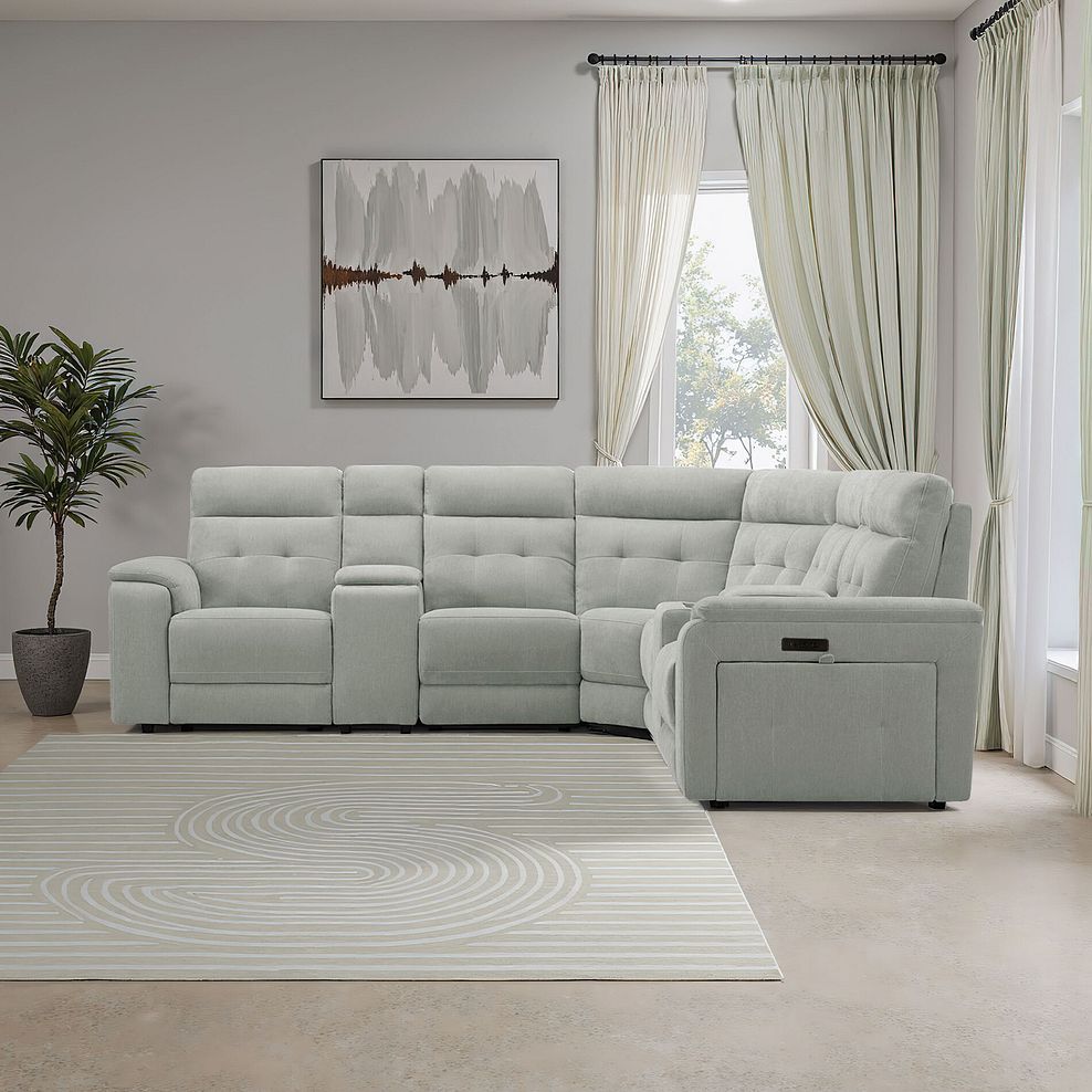 Juno Large Corner Electric Recliner Sofa With Wireless Charging Consoles and Power Headrests in Amigo Sage Fabric 1