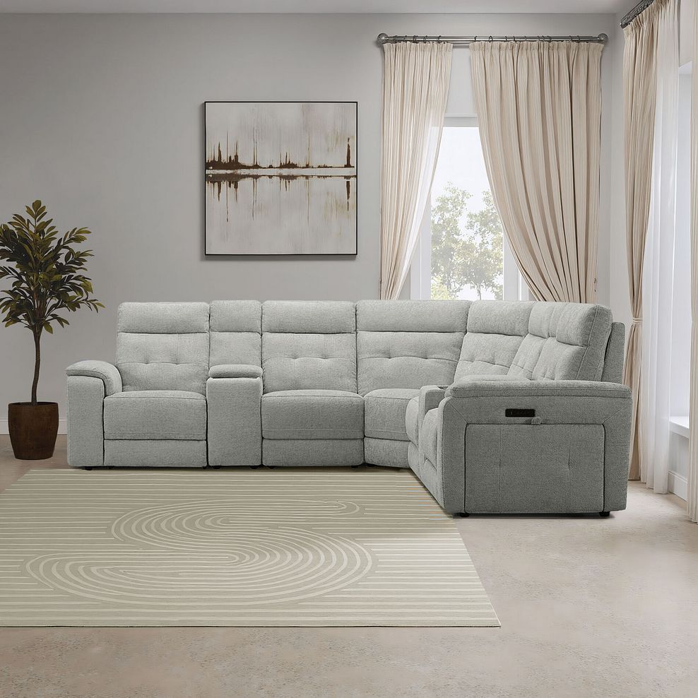 Juno Large Corner Electric Recliner Sofa With Wireless Charging Consoles and Power Headrests in Hopsack Dove Fabric 1