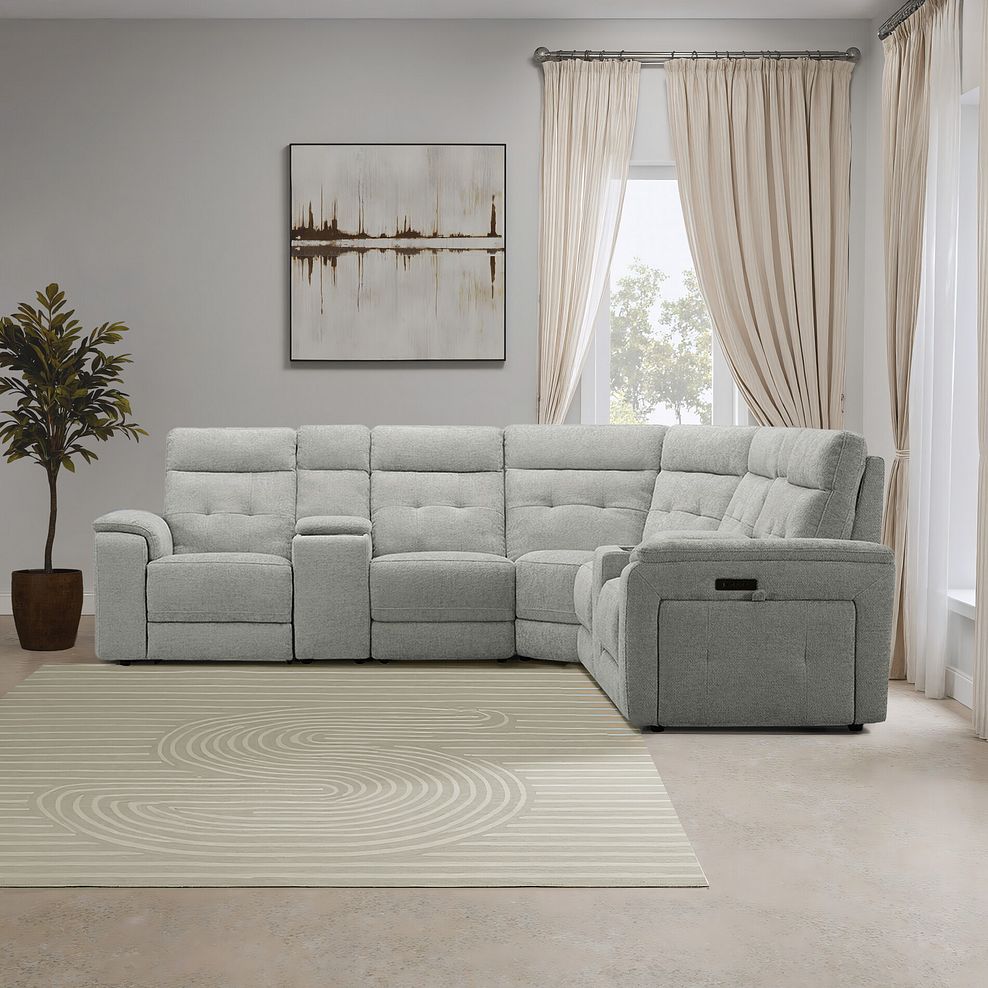 Juno Large Corner Electric Recliner Sofa With Wireless Charging Consoles and Power Headrests in Hopsack Dove Fabric 1